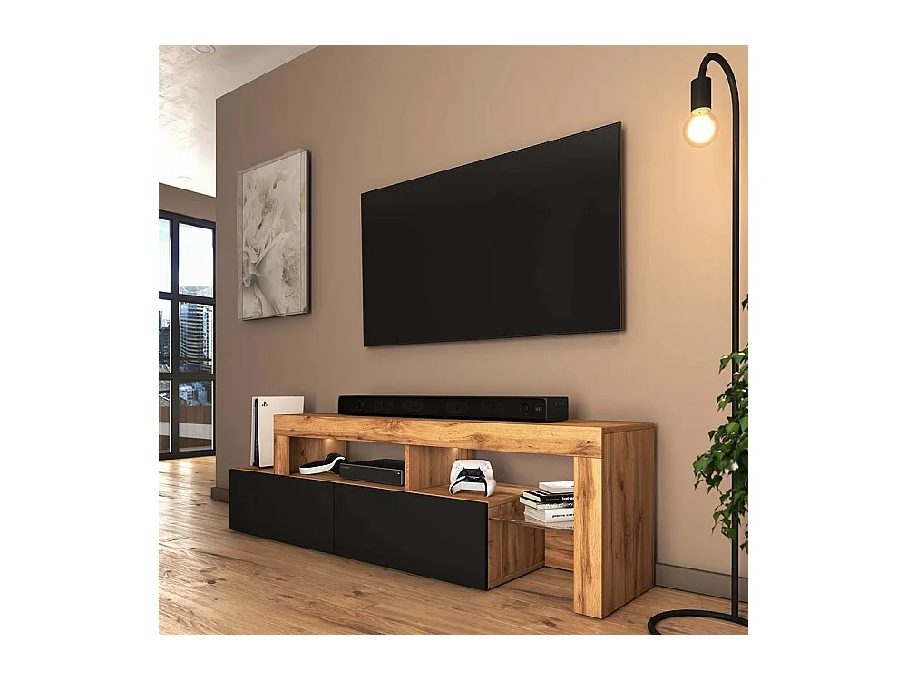 Meuble TV - 172 cm chêne wotan - façade Noir - avec LED - ASTEN
