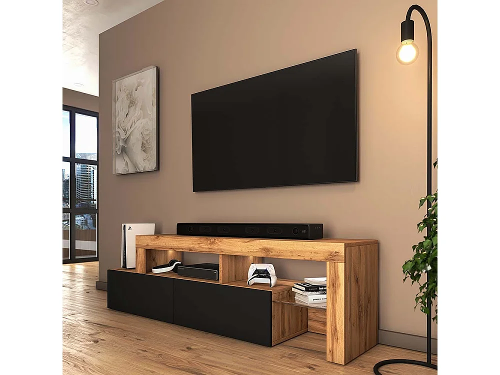 Meuble TV - 172 cm chêne wotan - façade Noir - avec LED - ASTEN