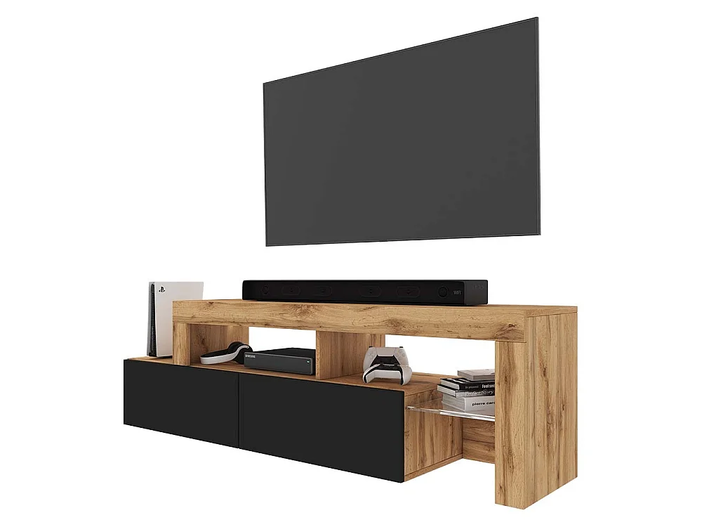 Meuble TV - 172 cm chêne wotan - façade Noir - avec LED - ASTEN