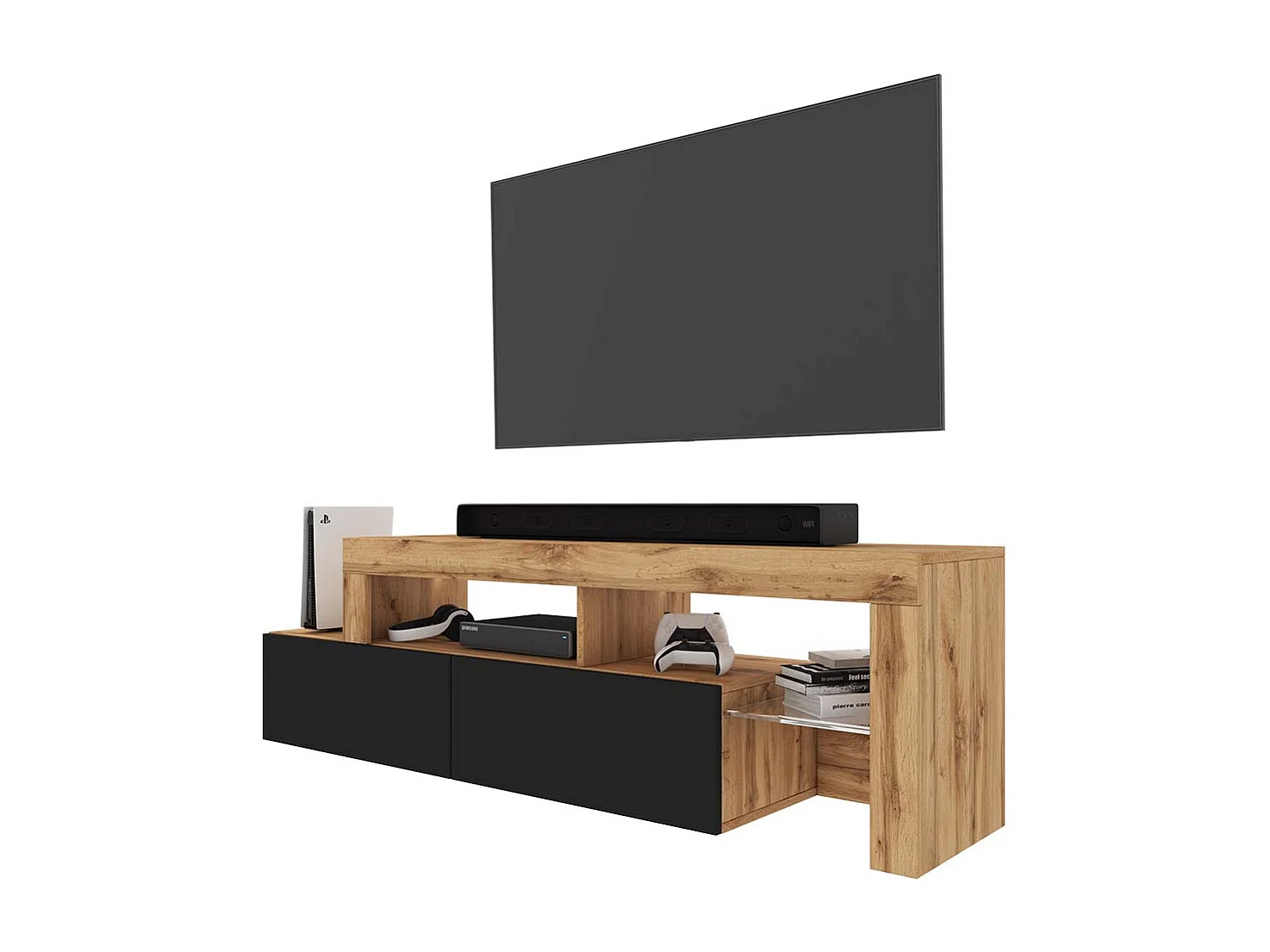 Meuble TV - 172 cm chêne wotan - façade Noir - avec LED - ASTEN