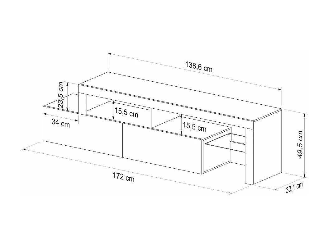 Meuble TV - 172 cm chêne wotan - façade Noir - avec LED - ASTEN
