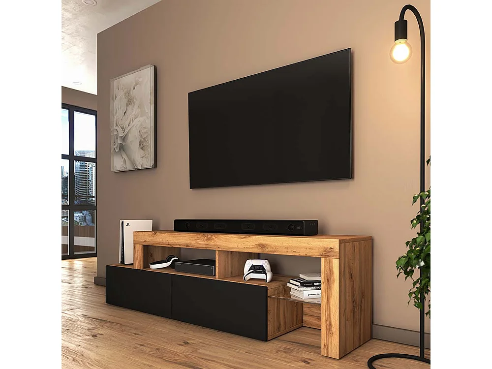 Meuble TV - 172 cm chêne wotan - façade Noir - avec LED - ASTEN