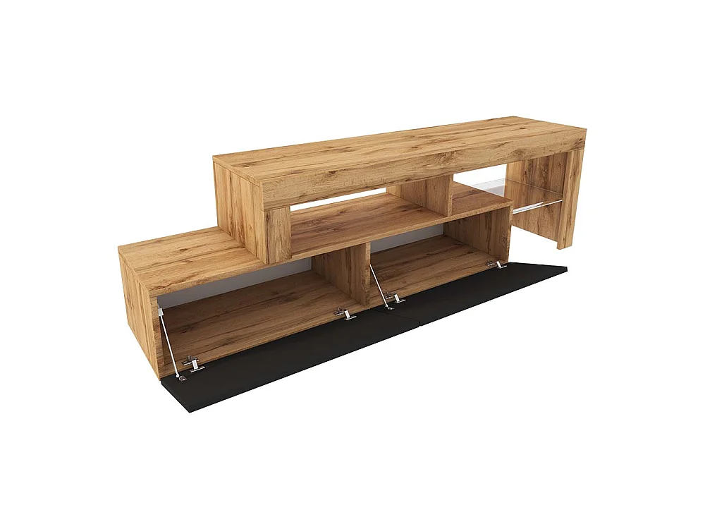 Meuble TV - 172 cm chêne wotan - façade Noir - avec LED - ASTEN