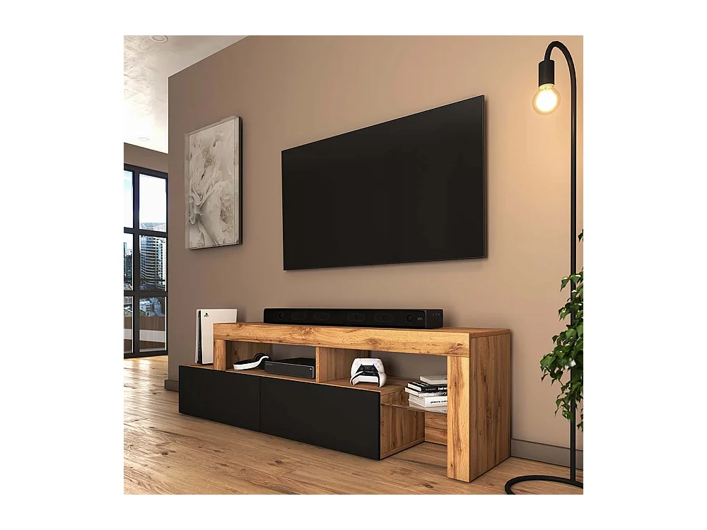 Meuble TV - 172 cm chêne wotan - façade Noir - sans LED - ASTEN