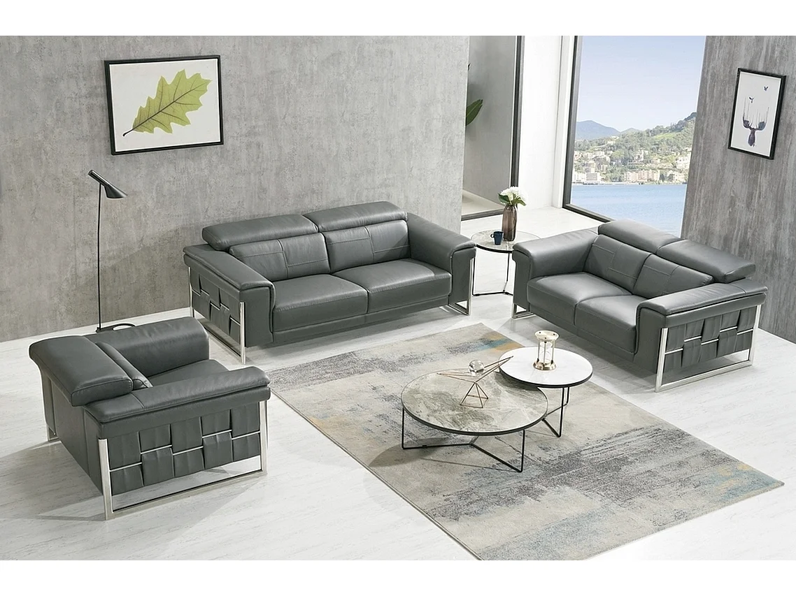 Ensemble Canapé 3 places et 2 places et fauteuil 1 place en cuir italien buffle , BOLZANO, gris foncé