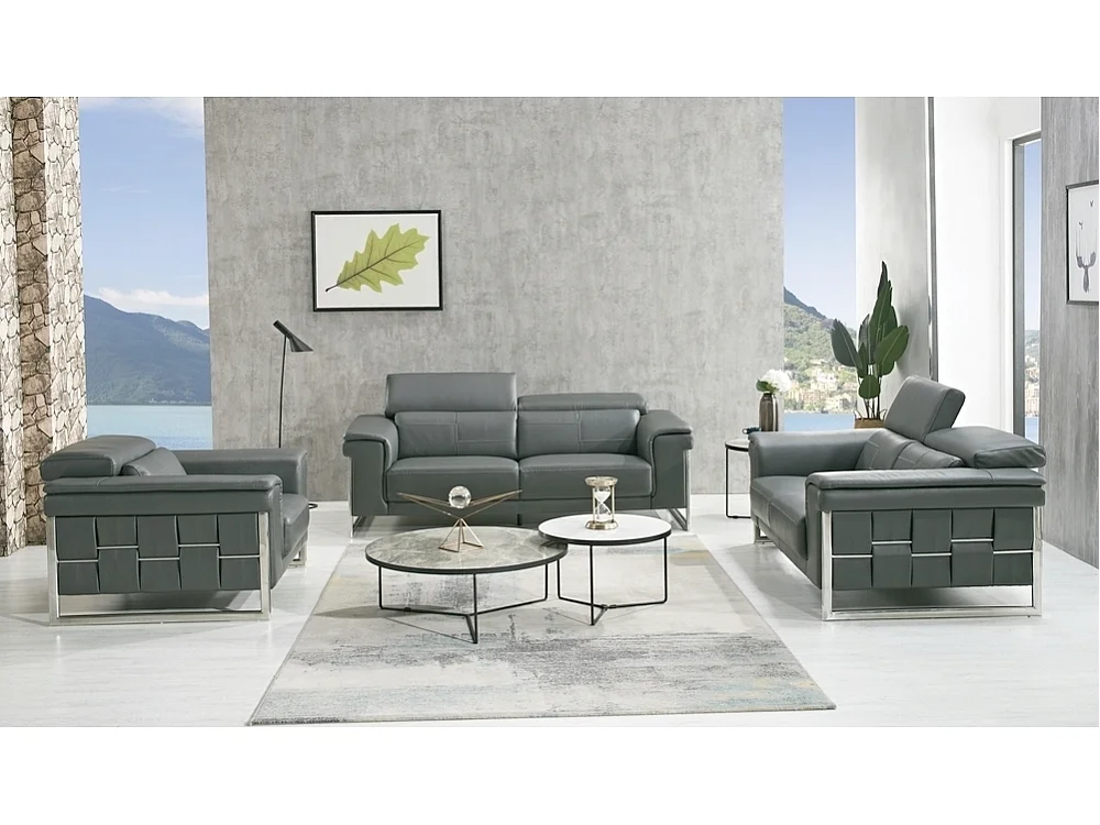 Ensemble Canapé 3 places et 2 places et fauteuil 1 place en cuir italien buffle , BOLZANO, gris foncé