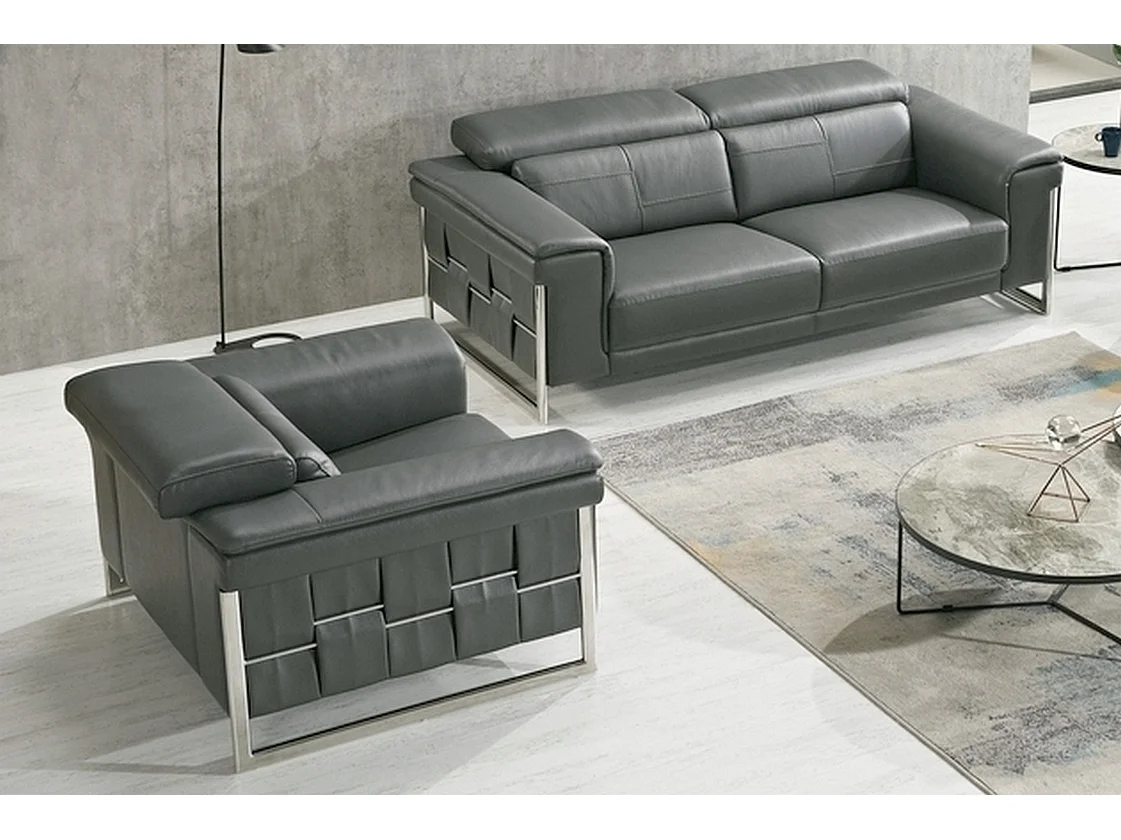 Ensemble Canapé 3 places et 2 places et fauteuil 1 place en cuir italien buffle , BOLZANO, gris foncé