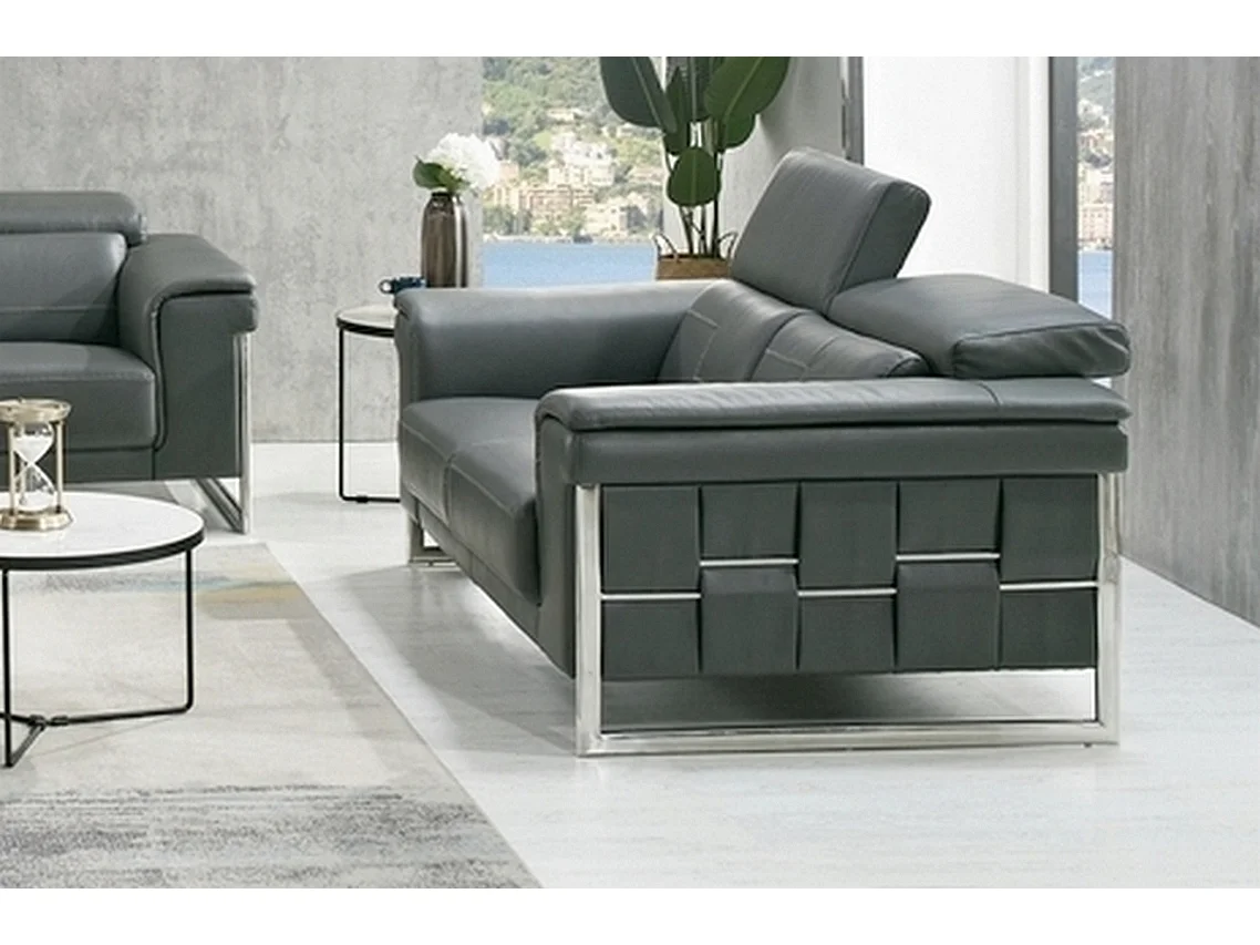 Ensemble Canapé 3 places et 2 places et fauteuil 1 place en cuir italien buffle , BOLZANO, gris foncé