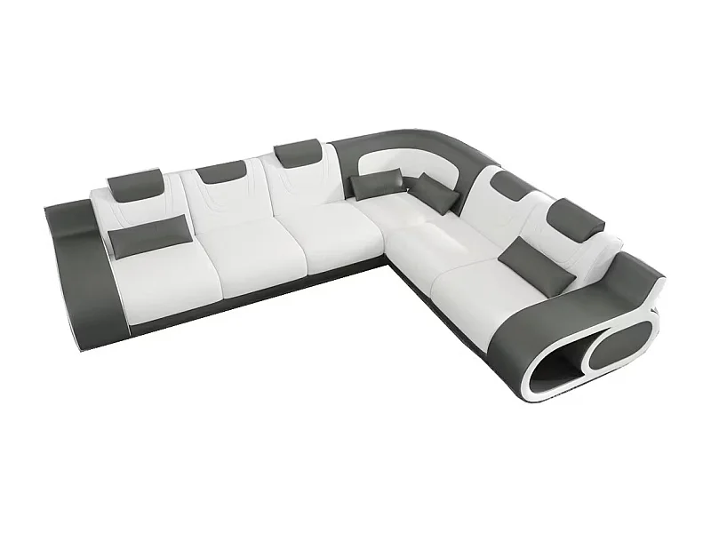 Canapé d'angle en cuir italien 7 places LUXEMBOURG, gris foncé et blanc, angle droit