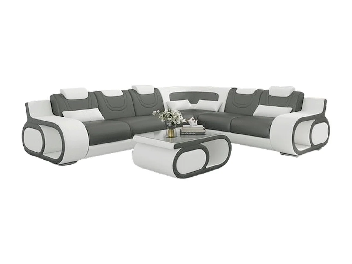 Canapé d'angle en cuir italien 7 places LUXEMBOURG, gris foncé et blanc, angle droit + table