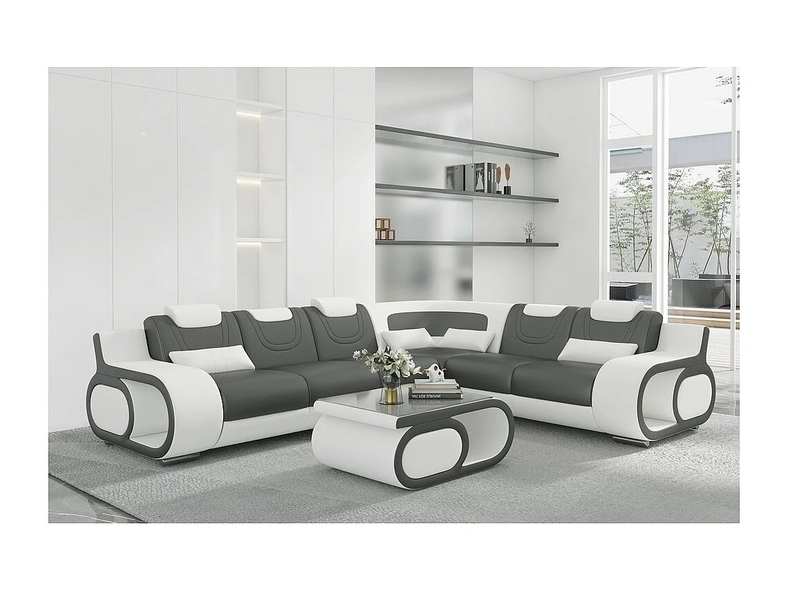 Canapé d'angle en cuir italien 7 places LUXEMBOURG, gris foncé et blanc, angle droit + table