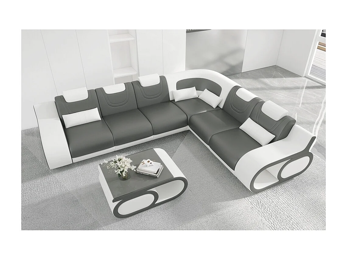 Canapé d'angle en cuir italien 7 places LUXEMBOURG, gris foncé et blanc, angle droit + table