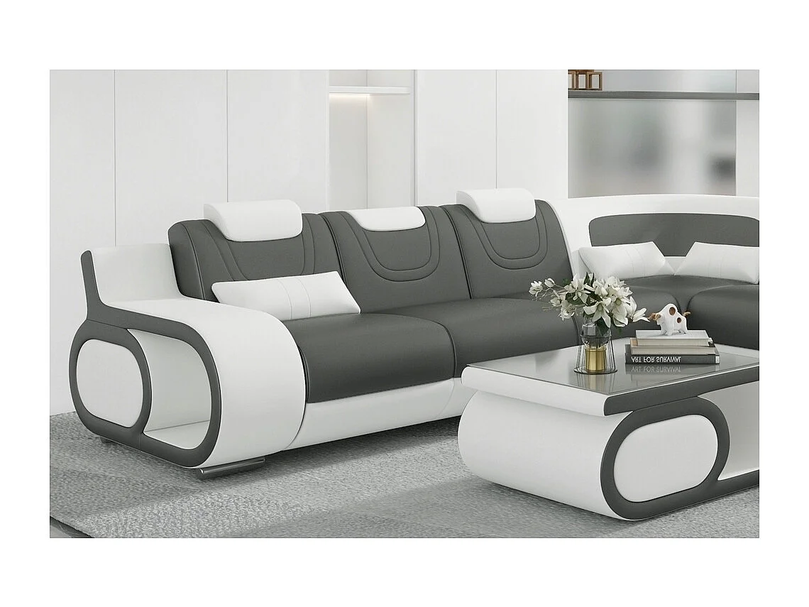 Canapé d'angle en cuir italien 7 places LUXEMBOURG, gris foncé et blanc, angle droit + table