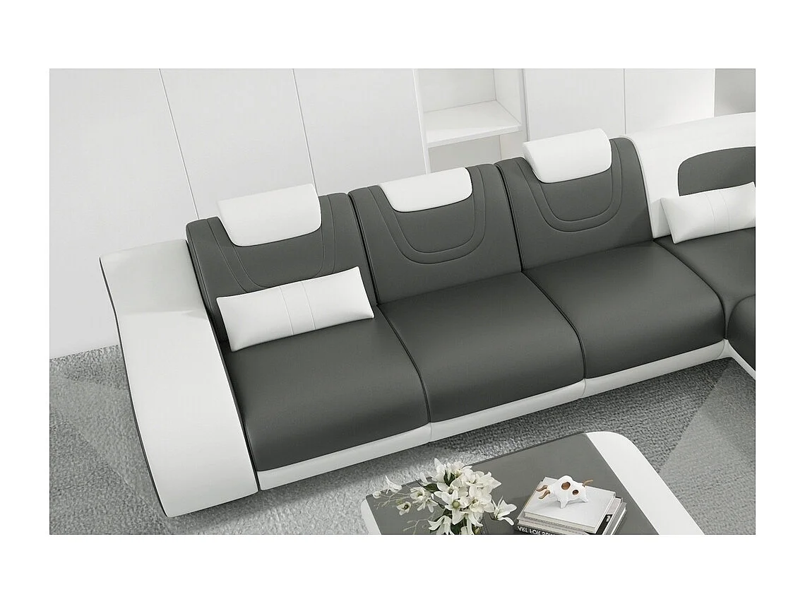 Canapé d'angle en cuir italien 7 places LUXEMBOURG, gris foncé et blanc, angle droit + table