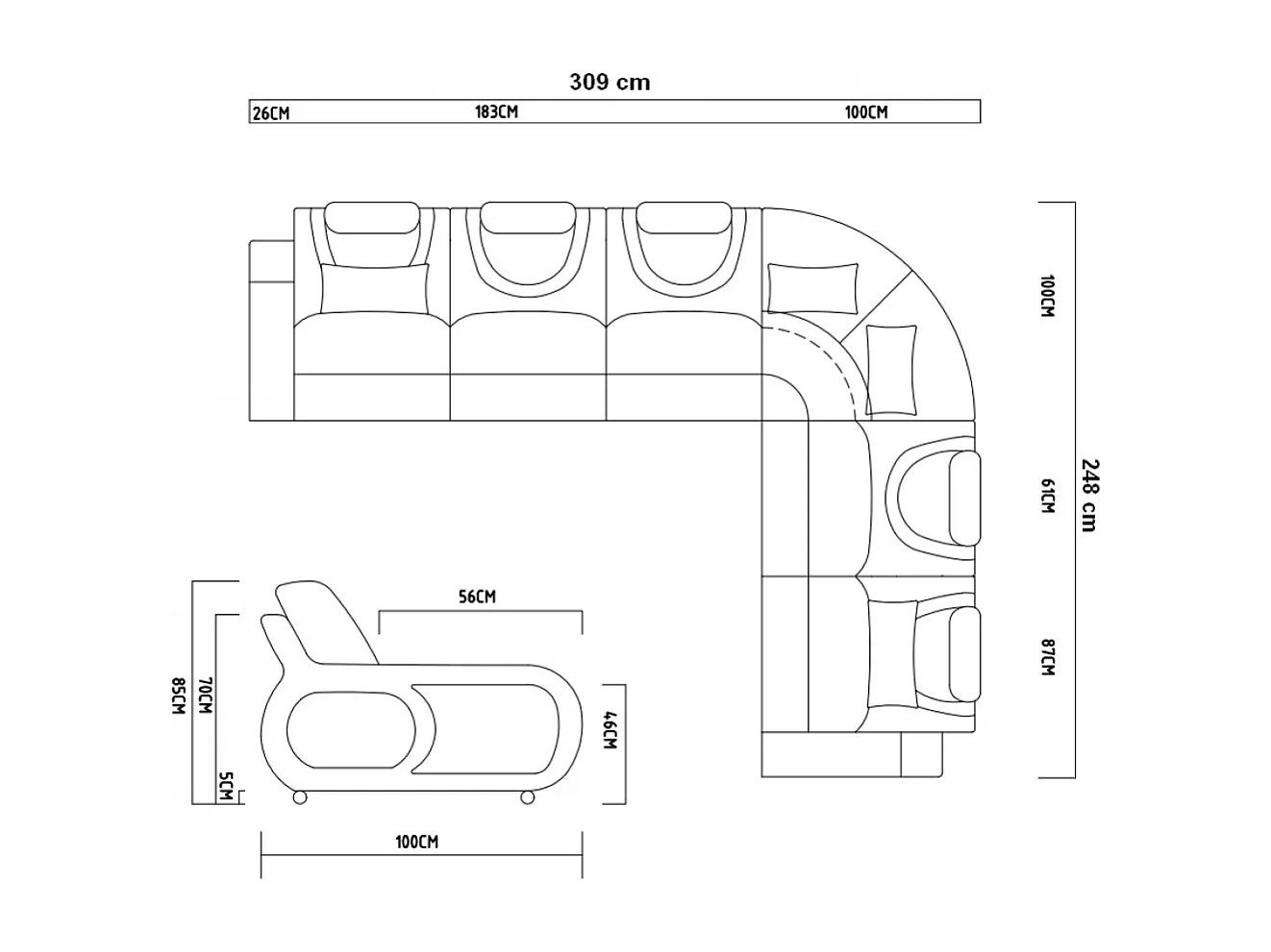 Canapé d'angle en cuir italien 7 places LUXEMBOURG, gris foncé et blanc, angle droit + table