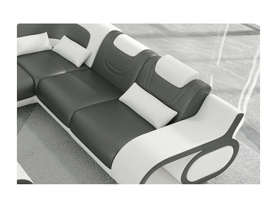 Canapé d'angle en cuir italien 7 places LUXEMBOURG, gris foncé et blanc, angle droit + table