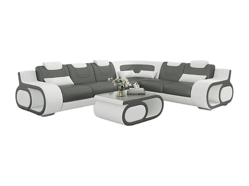 Canapé d'angle en cuir italien 7 places LUXEMBOURG, gris foncé et blanc, angle droit + table