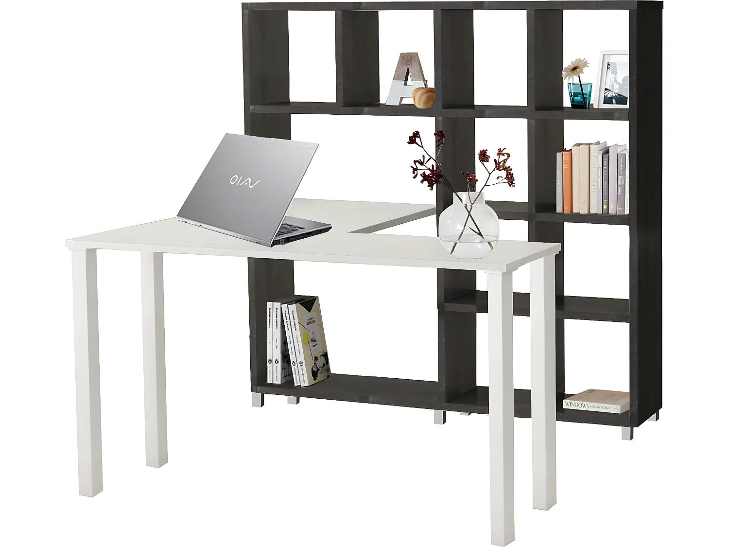 Kiwi|Bibliothèque avec bureau en MDF Beton / Blanc