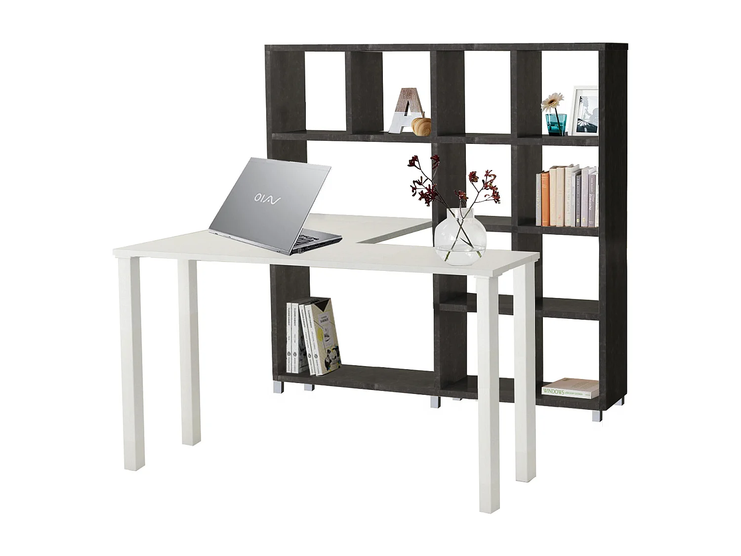 Kiwi|Bibliothèque avec bureau en MDF Beton / Blanc