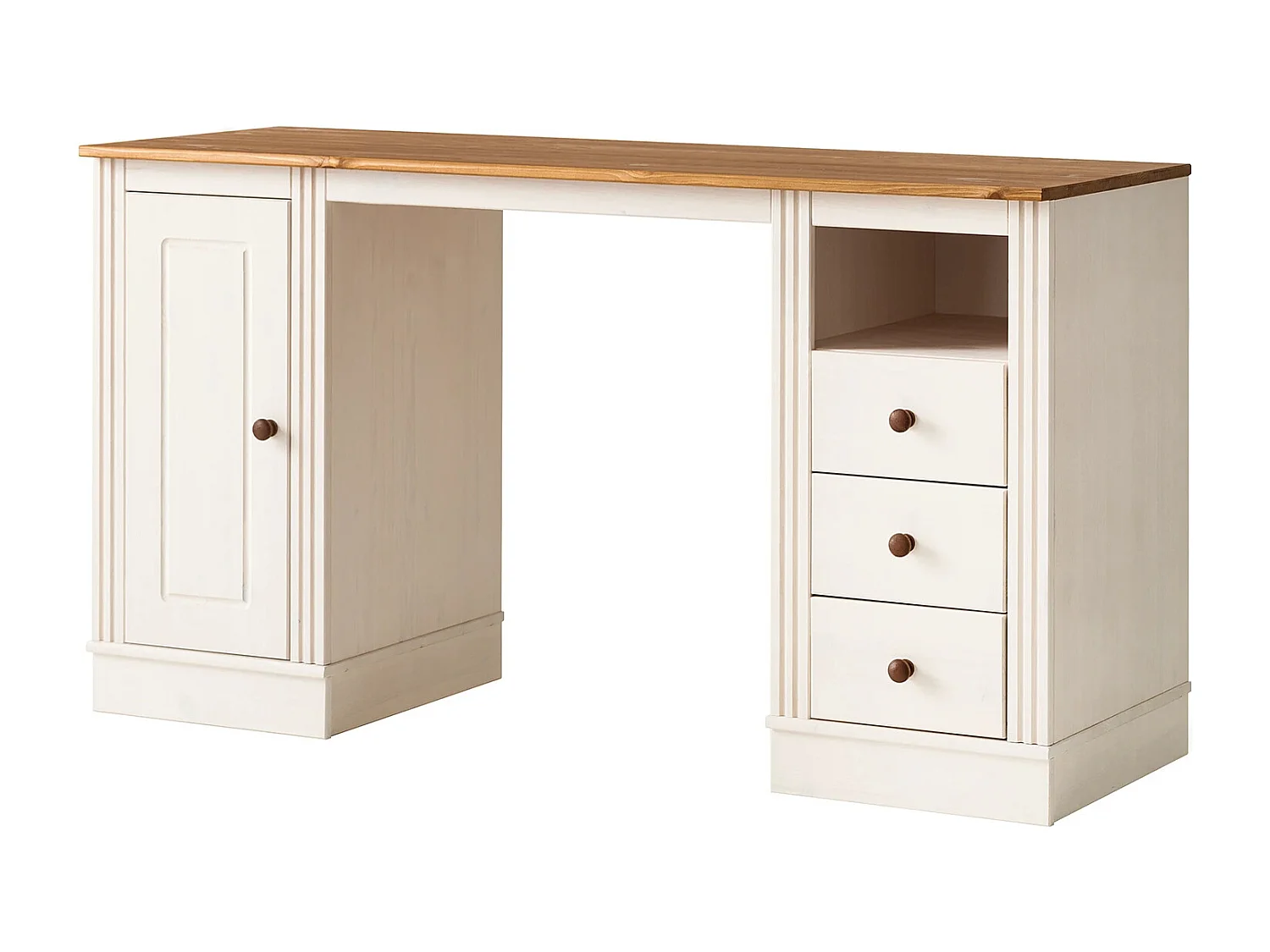 Anita|Bureau avec 3 tiroirs et 1 porte en pin blanc / miel