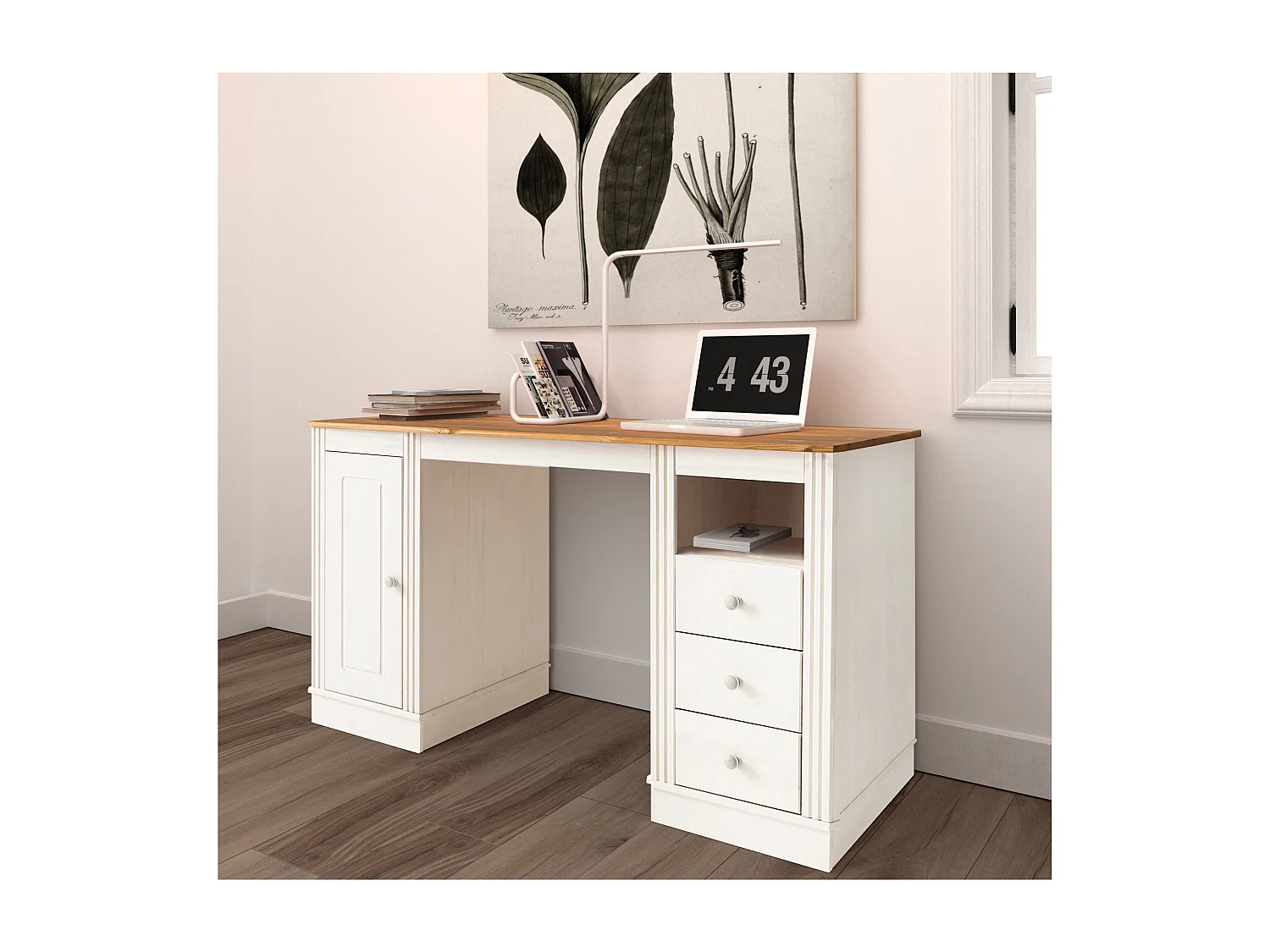 Anita|Bureau avec 3 tiroirs et 1 porte en pin blanc / miel