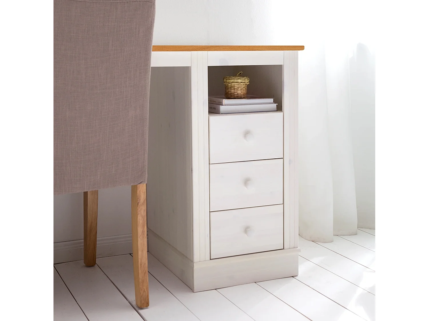 Anita|Bureau avec 3 tiroirs et 1 porte en pin blanc / miel