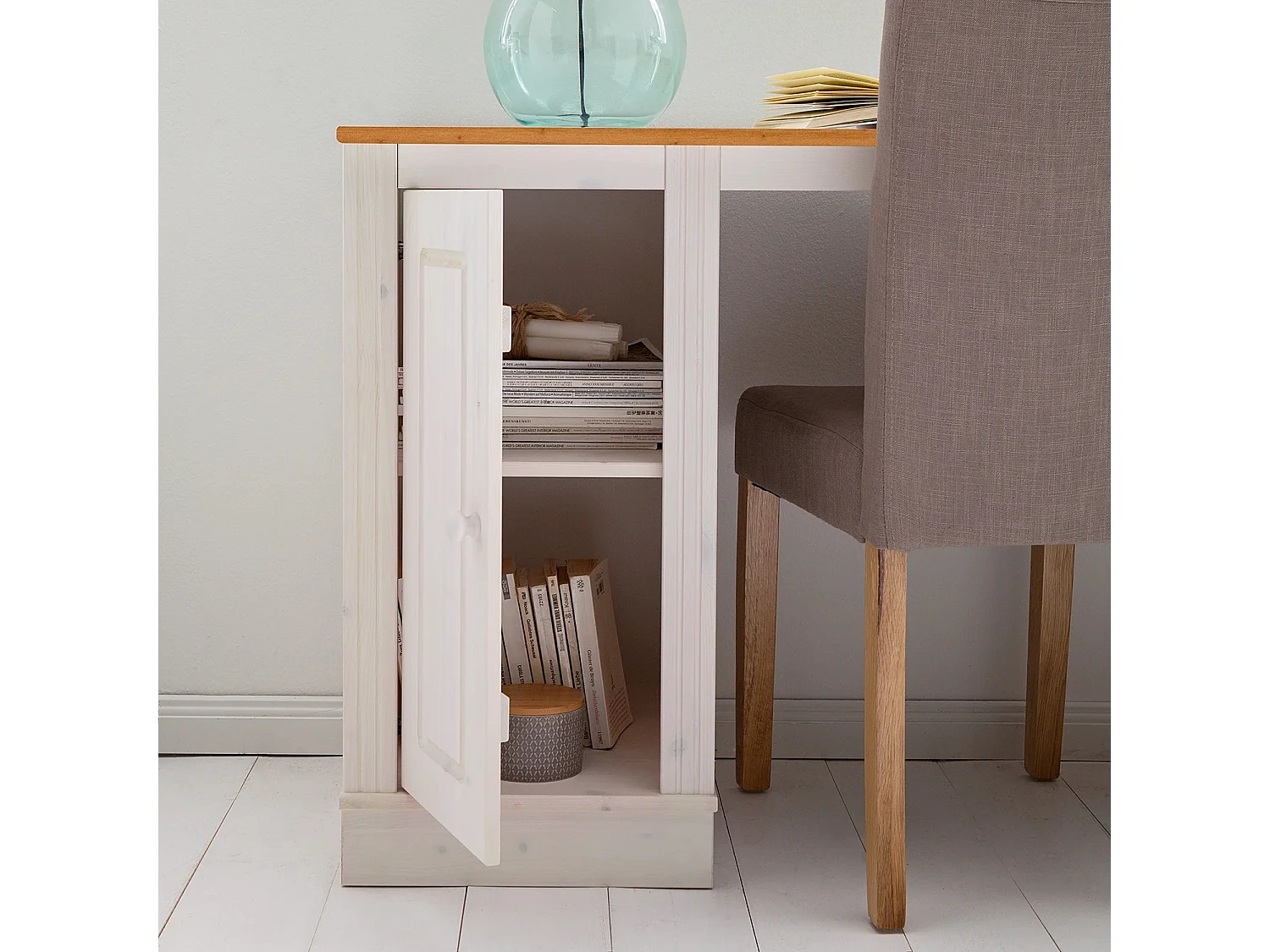 Anita|Bureau avec 3 tiroirs et 1 porte en pin blanc / miel