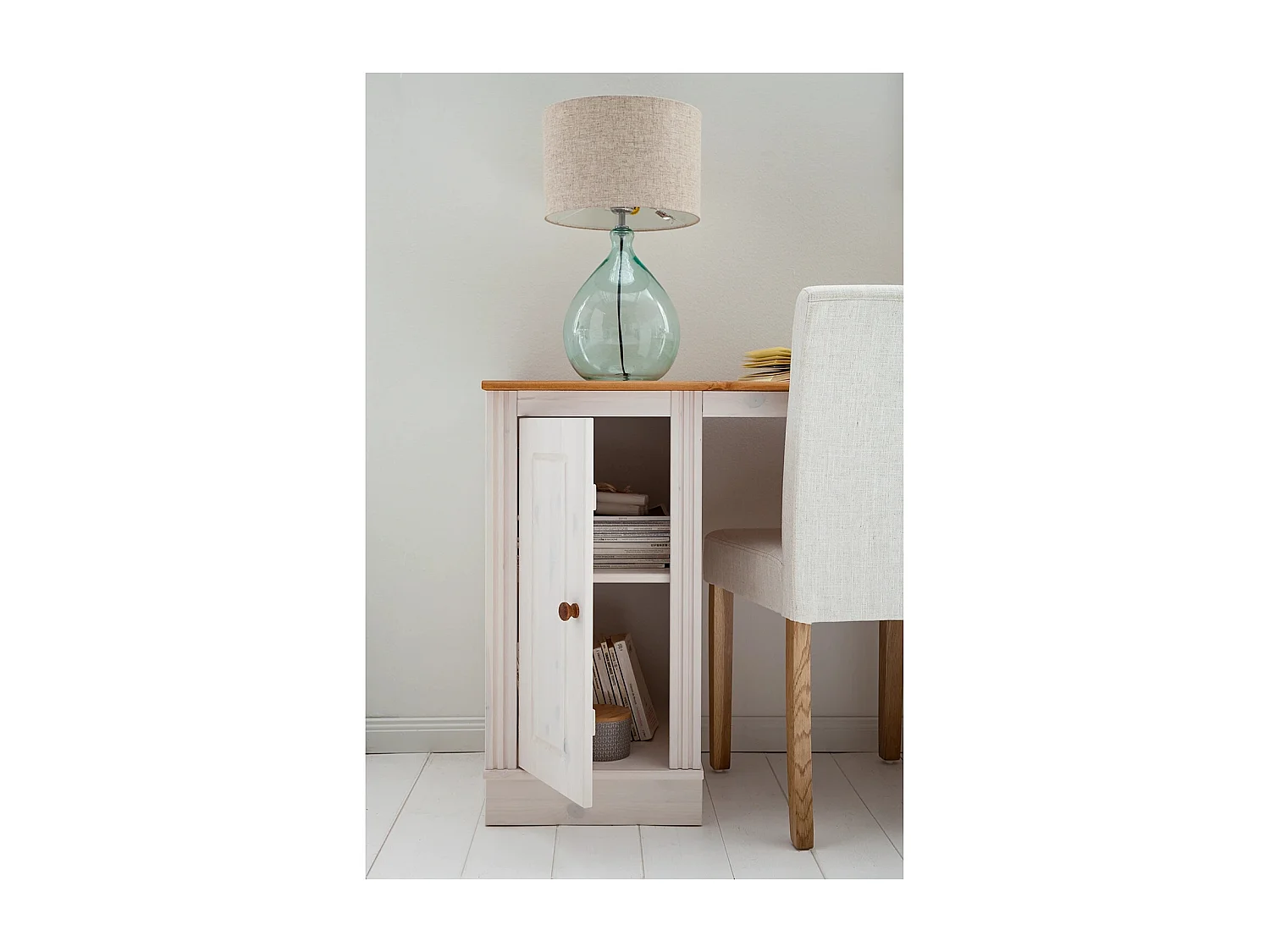 Anita|Bureau avec 3 tiroirs et 1 porte en pin blanc / miel