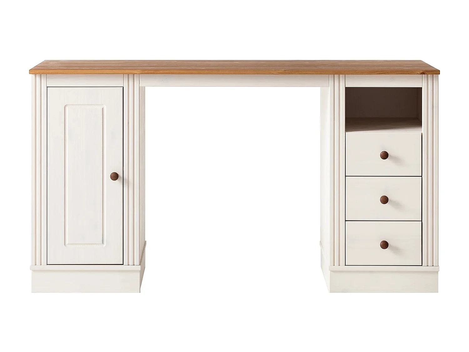 Anita|Bureau avec 3 tiroirs et 1 porte en pin blanc / miel