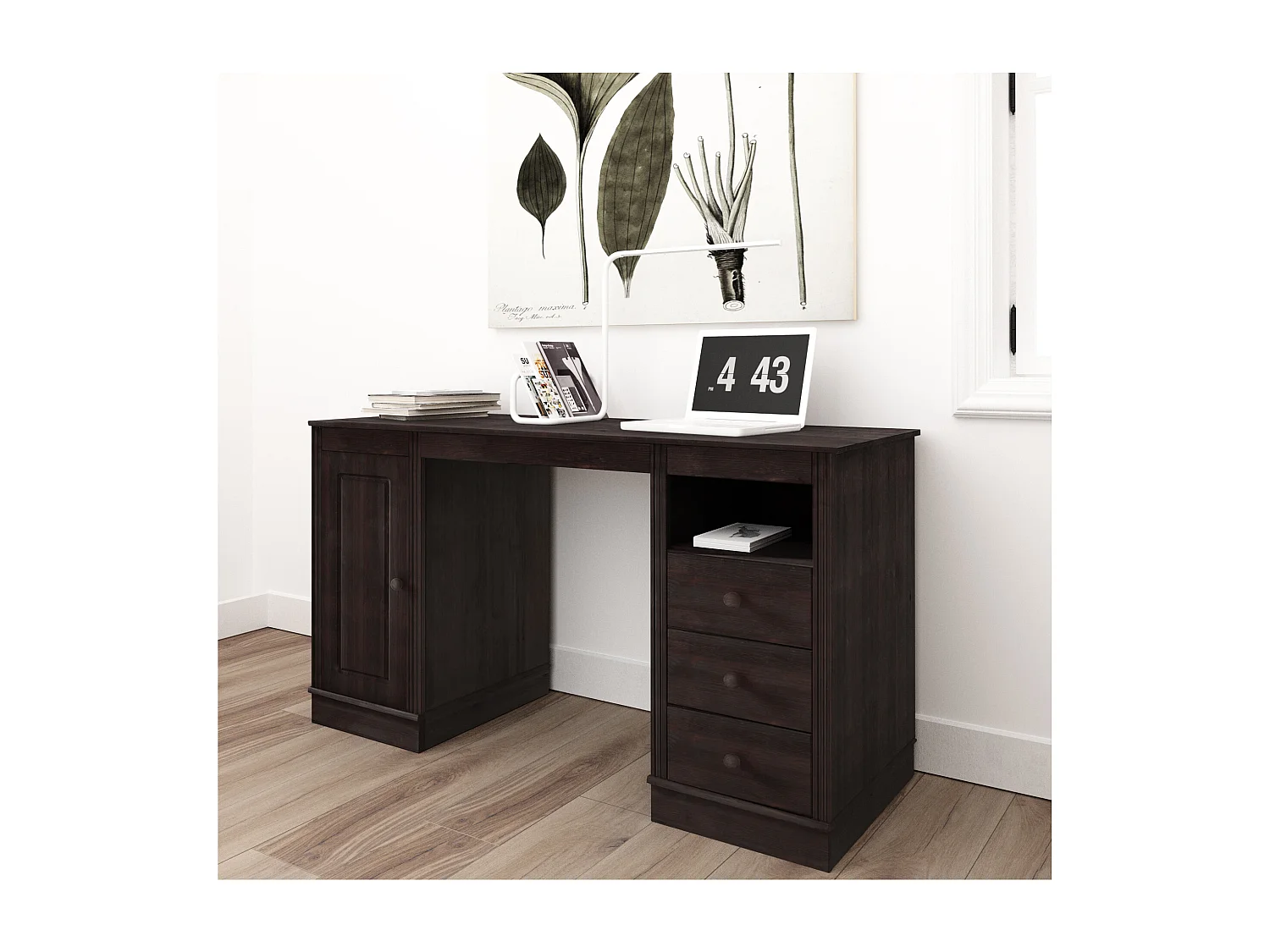 Anita | Bureau avec 3 tiroirs et 1 porte en pin Marron