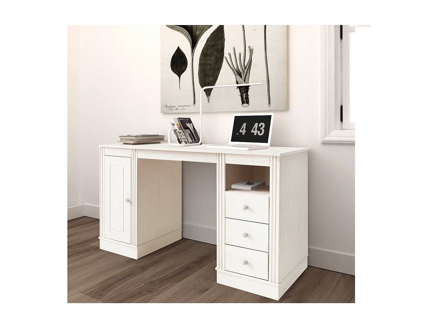 Anita|Bureau avec 3 tiroirs et 1 porte en pin blanc
