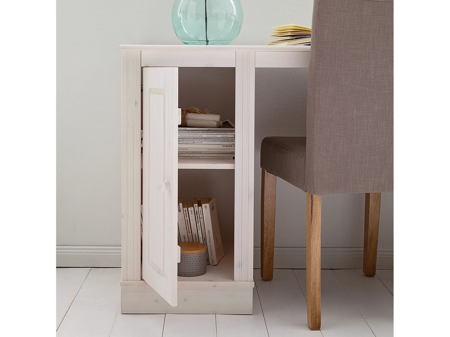 Anita|Bureau avec 3 tiroirs et 1 porte en pin blanc