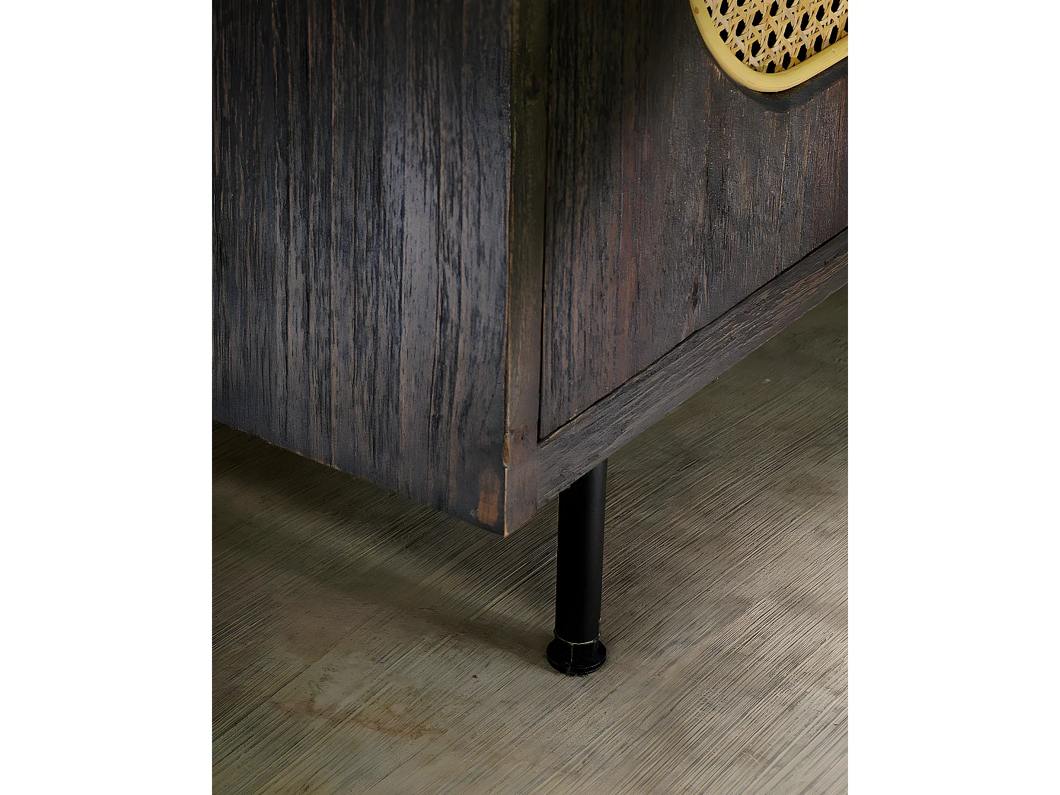 Sanaa- Meuble TV noir porte coulissante en Mindy massif et cannage