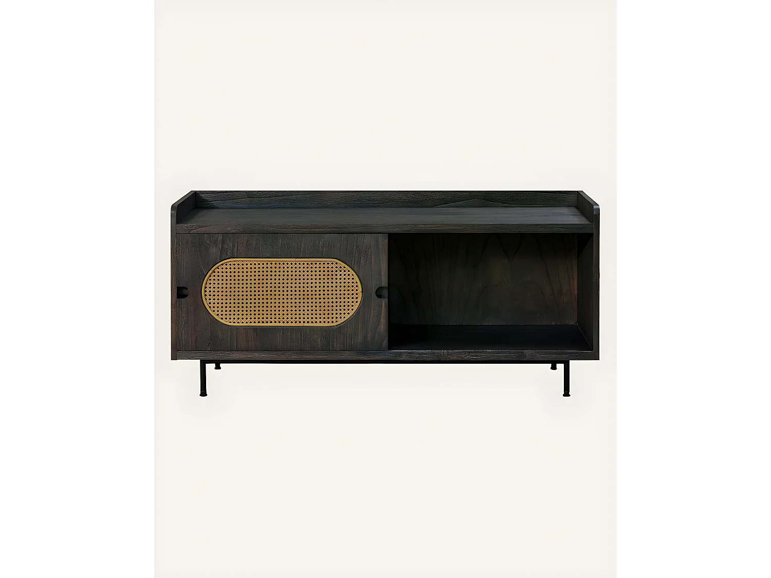 Sanaa- Meuble TV noir porte coulissante en Mindy massif et cannage