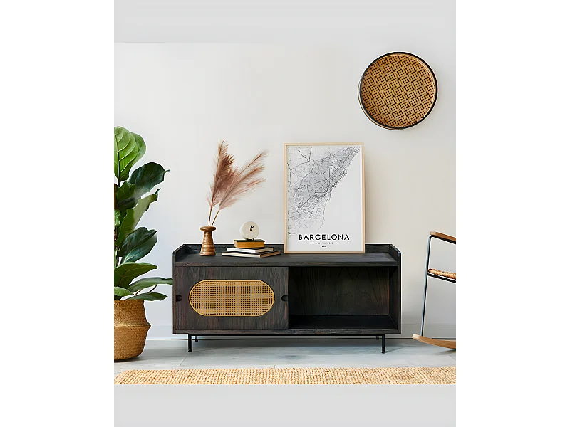 Sanaa- Meuble TV noir porte coulissante en Mindy massif et cannage