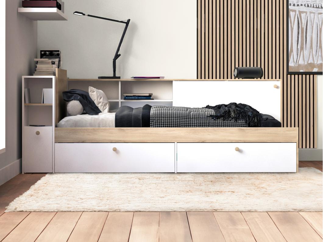 Lit modulable 90 x 190/200 cm avec rangements - Blanc et naturel + Sommier - LIARA