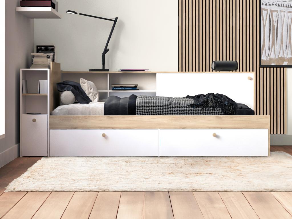 Bett mit Stauraum - 90 x 190/200 cm - Weiß & Holzfarben + Lattenrost + Matr günstig online kaufen