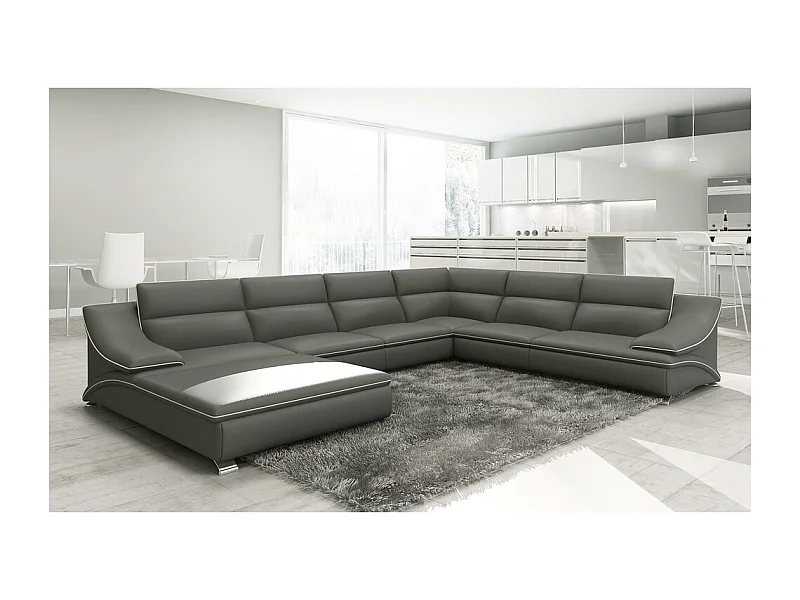 Canapé d'angle en cuir luxe italien 7 places ANGELO, gris foncé et blanc, angle droit