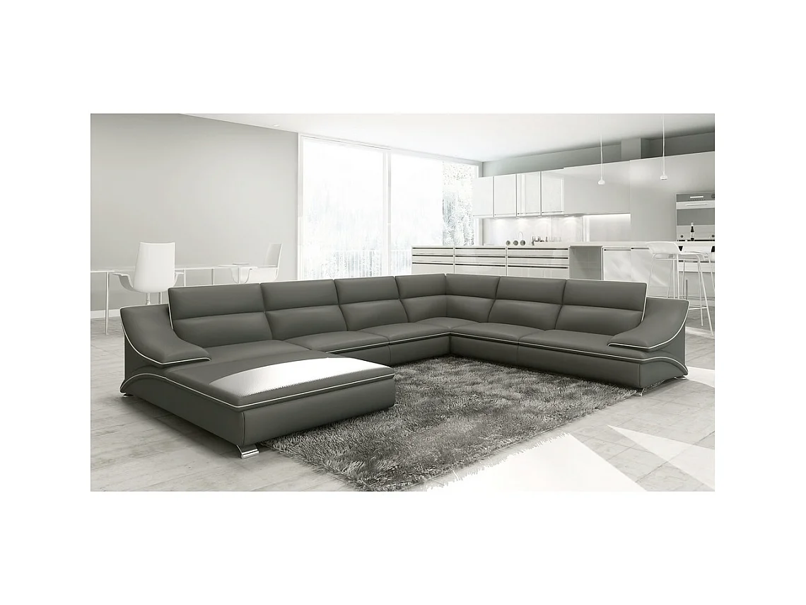 Canapé d'angle en cuir luxe italien 7 places ANGELO, gris foncé et blanc, angle droit