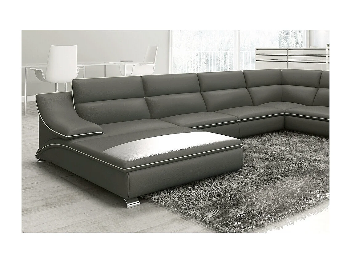Canapé d'angle en cuir luxe italien 7 places ANGELO, gris foncé et blanc, angle droit
