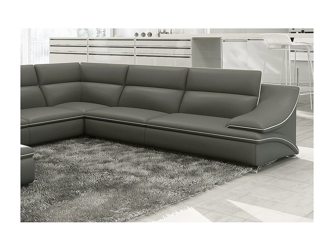 Canapé d'angle en cuir luxe italien 7 places ANGELO, gris foncé et blanc, angle droit