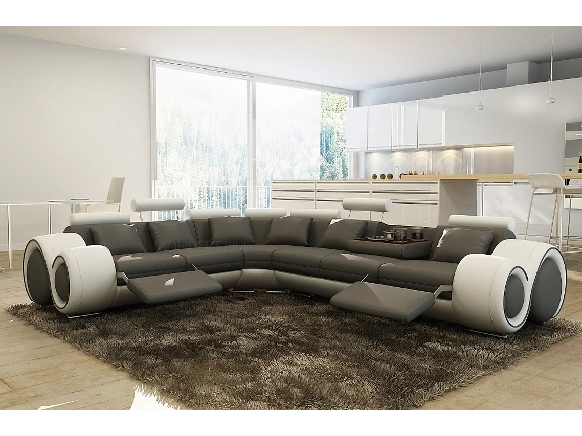 Canapé d'angle en cuir luxe italien 7 places ANGELO, gris foncé et blanc, angle droit