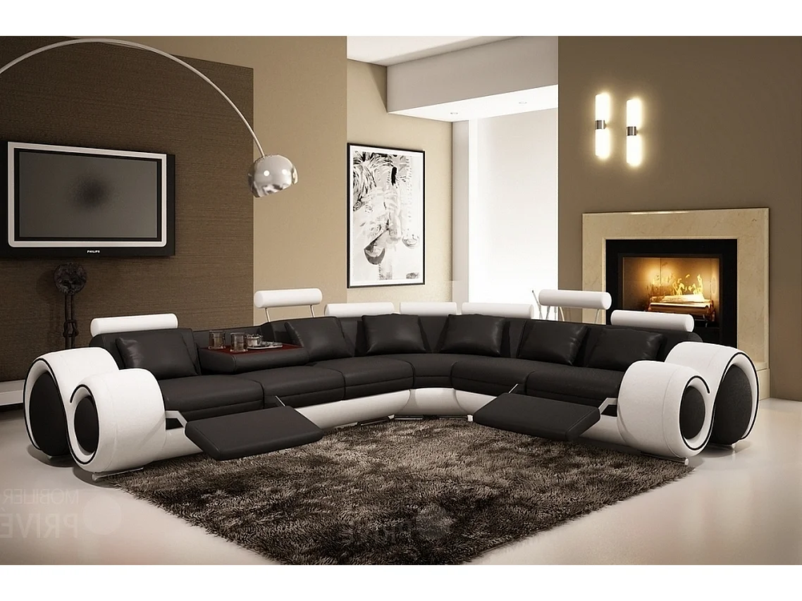 Canapé d'angle en cuir italien 5/6 places PETIT EXCELIA, noir et blanc, angle droit