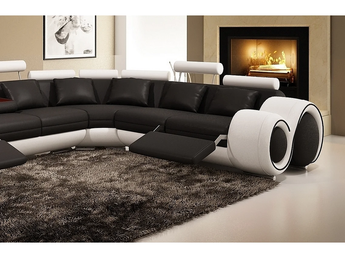 Canapé d'angle en cuir italien 5/6 places PETIT EXCELIA, noir et blanc, angle droit
