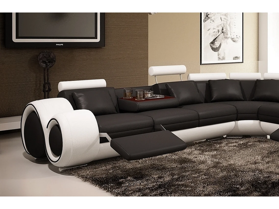 Canapé d'angle en cuir italien 5/6 places PETIT EXCELIA, noir et blanc, angle droit