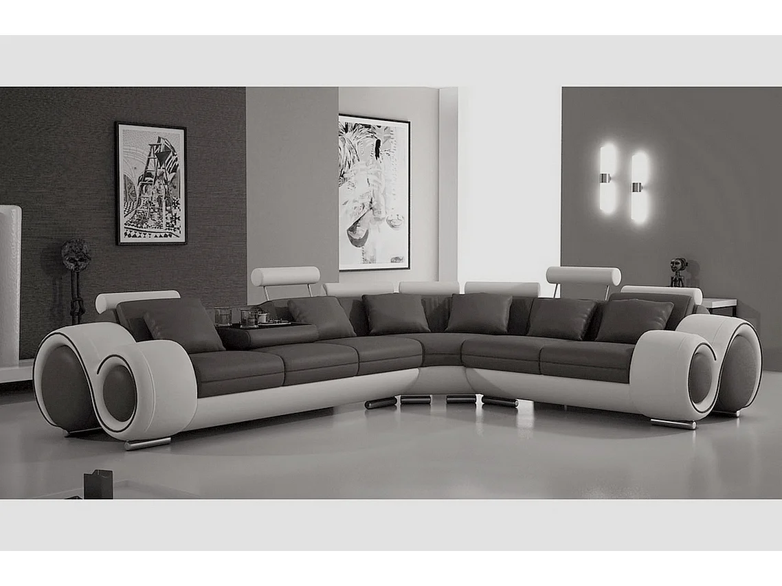 Canapé d'angle en cuir italien 5/6 places PETIT EXCELIA, noir et blanc, angle droit