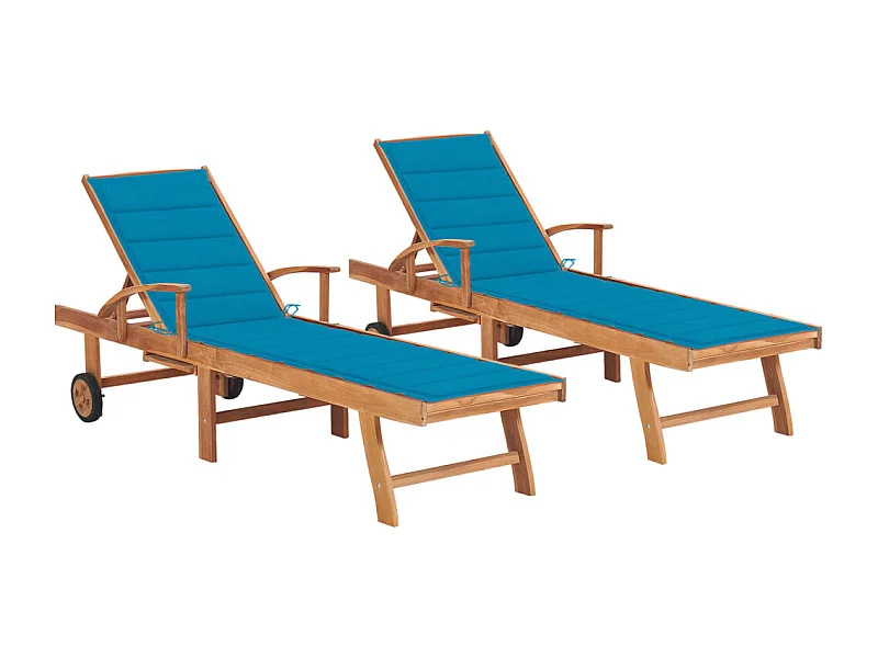 Set di 2 sedie a sdraio lettino prendisole mobili da giardino terrazza mobili da esterno con cuscino blu in legno massello di teak 02_0012027