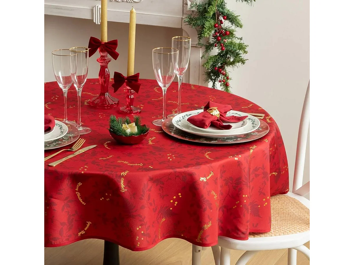 Nappe ronde anti-taches Rouge imprimé Joyeux Noël doré D 180 cm