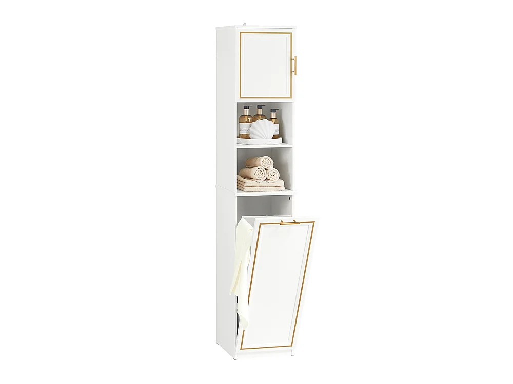 SoBuy Badkamerkolomkast Hoge kast Smal badkamerrek Opbergmeubel met 2 deuren, 2 open vakken en 1 wasmand 33x32x171 cm, BZR87-W