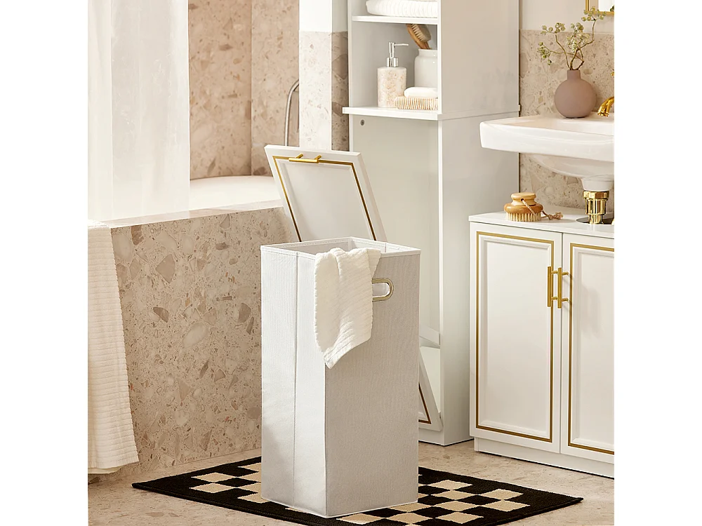 SoBuy Badkamerkolomkast Hoge kast Smal badkamerrek Opbergmeubel met 2 deuren, 2 open vakken en 1 wasmand 33x32x171 cm, BZR87-W